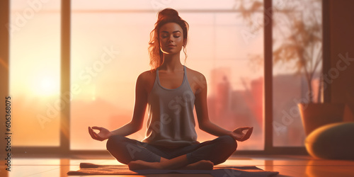 Yogi woman practicing yoga lesson, breathing, meditation, working out indoor at sunrise, meditation pose photo