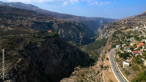 Aerial view Kadisha Valley in Lebanon. Drone shot nature landscape photo