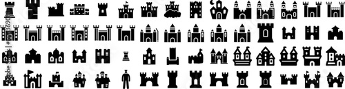 Set Of Castle Icons Isolated Silhouette Solid Icon With Fantasy, Old, Architecture, Building, Medieval, Castle, Palace Infographic Simple Vector Illustration Logo