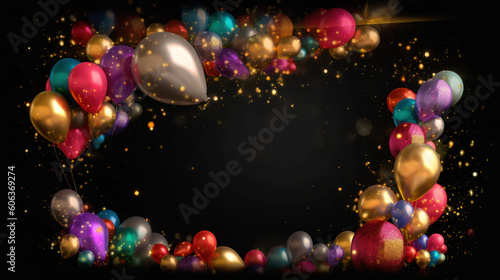 A festive arrangement of colorful balloons perfect for any celebration or party. Vibrant multi-colored balloons with confetti surrounding the shiny decorations. Ai generative.