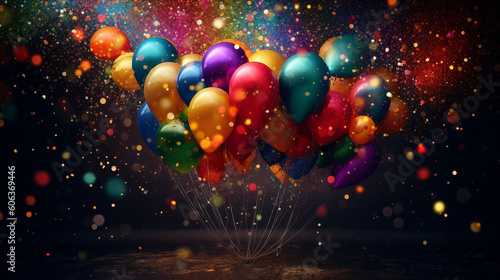A festive arrangement of colorful balloons and confetti for a joyful celebration. Perfect for multi-colored birthday party decorations and social events. Ai generative.