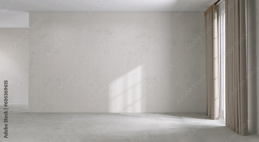 Blank white large concrete texture wall, beige blackout curtain window in sunlight on gray polished cement floor empty room for interior design decoration, house renovation, space background 3D