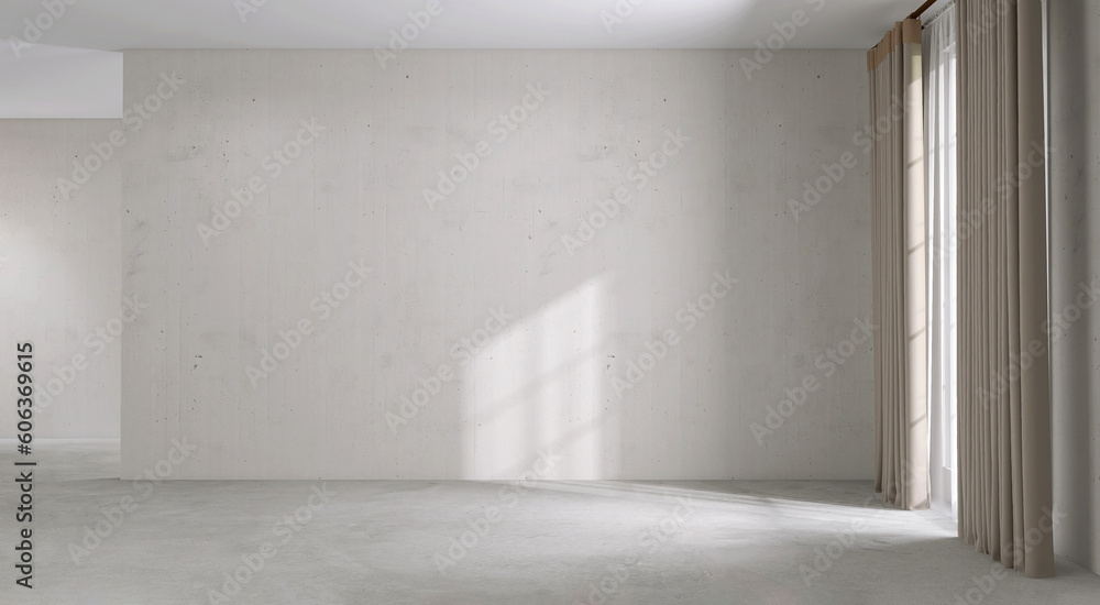 Blank white large concrete texture wall, beige blackout curtain window in sunlight on gray polished cement floor empty room for interior design decoration, house renovation, space background 3D Blank white large concrete texture wall, beige blackout curtain window in sunlight on gray polished cement floor empty room for interior design decoration, house renovation, space background 3D
