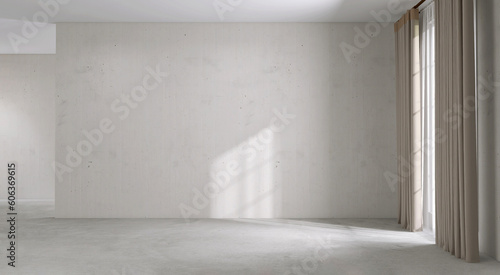 Blank white large concrete texture wall, beige blackout curtain window in sunlight on gray polished cement floor empty room for interior design decoration, house renovation, space background 3D