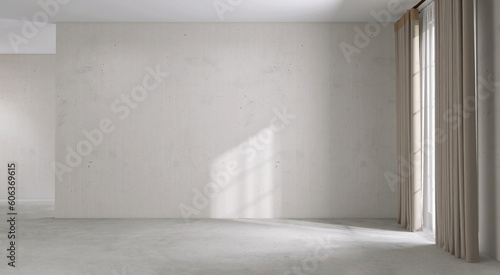Blank white large concrete texture wall  beige blackout curtain window in sunlight on gray polished cement floor empty room for interior design decoration  house renovation  space background 3D