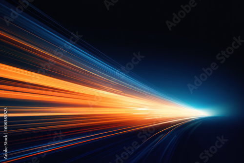 Abstract blue and orange lights blur past, conveying data transfer at high speed. Futuristic backdrop. Ai generative.