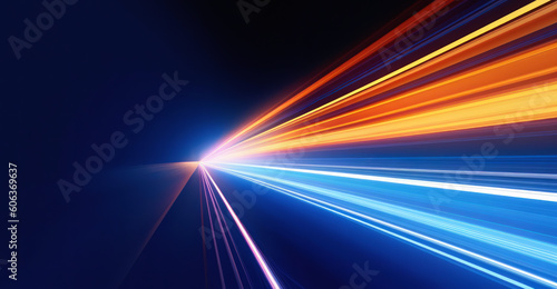 An energetic abstract background in blue and orange with high-speed moving lights. Perfect for showcasing concepts of data transfer. Ai generative.