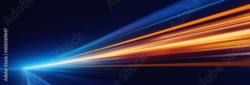 Abstract blue and orange lights rush by in a motion blur on this futuristic backdrop. Perfect for projects on data transfer and transportation. Ai generative.