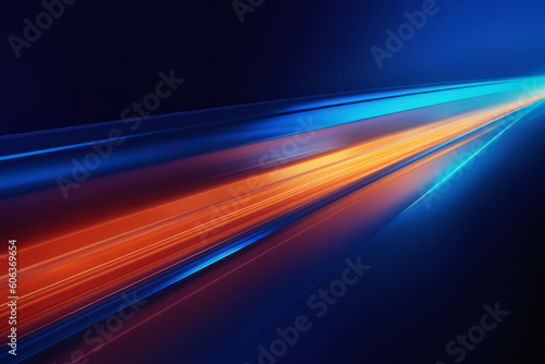 Abstract blue and orange lights speed through the night, representing data transfer and futuristic transportation. Ai generative.