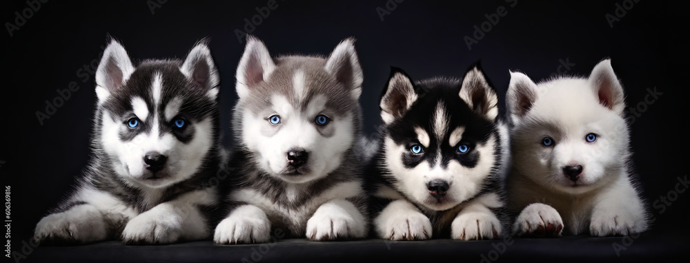 Cute Husky puppies on a black background. Adorable purebred sled dogs in a studio shot. Ai generative.