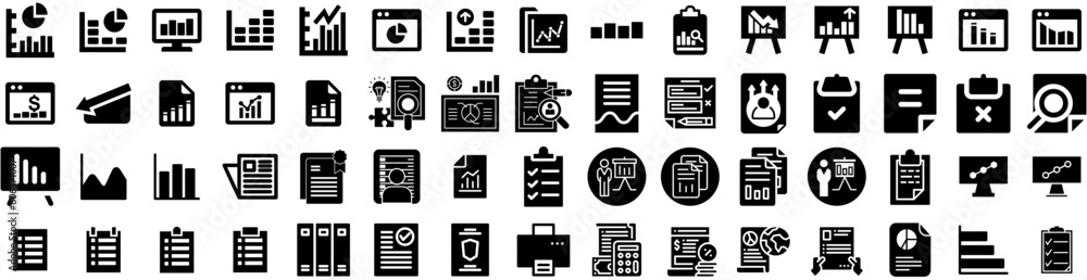 Set Of Report Icons Isolated Silhouette Solid Icon With Business, Data, Chart, Analysis, Financial, Finance, Report Infographic Simple Vector Illustration Logo Set Of Report Icons Isolated Silhouette Solid Icon With Business, Data, Chart, Analysis, Financial, Finance, Report Infographic Simple Vector Illustration Logo
