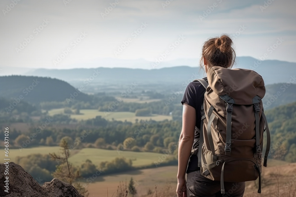 Rear view of female hiker with backpack looking out over a landscape