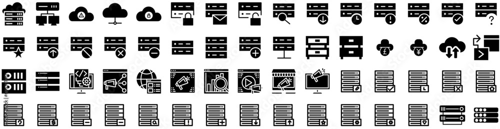 Set Of Server Icons Isolated Silhouette Solid Icon With Internet, Network, Information, Data, Technology, Computer, Server Infographic Simple Vector Illustration Logo Set Of Server Icons Isolated Silhouette Solid Icon With Internet, Network, Information, Data, Technology, Computer, Server Infographic Simple Vector Illustration Logo
