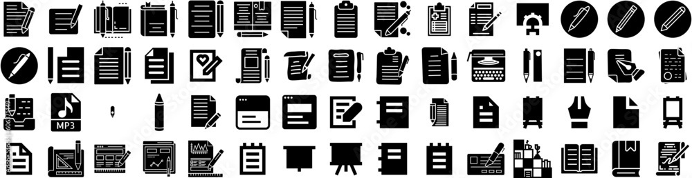 Set Of Writing Icons Isolated Silhouette Solid Icon With Paper, Office, Pen, Business, Writer, Education, Write Infographic Simple Vector Illustration Logo Set Of Writing Icons Isolated Silhouette Solid Icon With Paper, Office, Pen, Business, Writer, Education, Write Infographic Simple Vector Illustration Logo