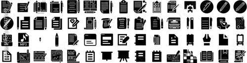 Set Of Writing Icons Isolated Silhouette Solid Icon With Paper, Office, Pen, Business, Writer, Education, Write Infographic Simple Vector Illustration Logo