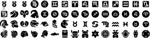 Set Of Zodiac Icons Isolated Silhouette Solid Icon With Symbol, Horoscope, Sign, Illustration, Zodiac, Astrology, Vector Infographic Simple Vector Illustration Logo