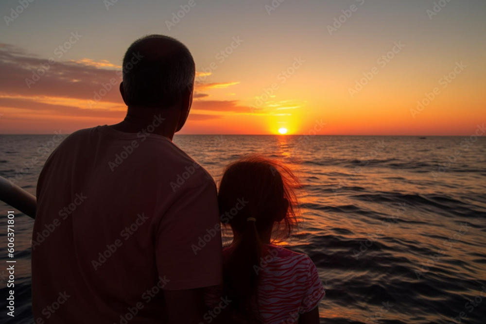 rear view of Father and daughter watching sunset at sea