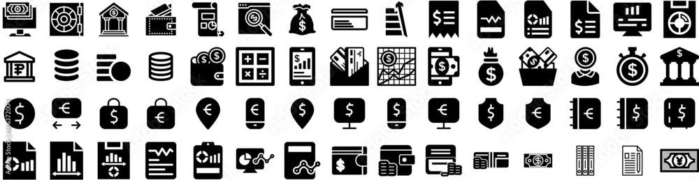 Set Of Finance Icons Isolated Silhouette Solid Icon With Investment, Economy, Growth, Business, Money, Finance, Financial Infographic Simple Vector Illustration Logo Set Of Finance Icons Isolated Silhouette Solid Icon With Investment, Economy, Growth, Business, Money, Finance, Financial Infographic Simple Vector Illustration Logo