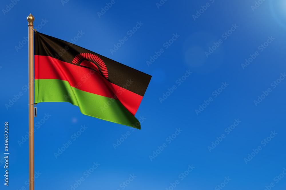 Malawi. Flag blown by the wind with blue sky in the background. Malawi. Flag blown by the wind with blue sky in the background.