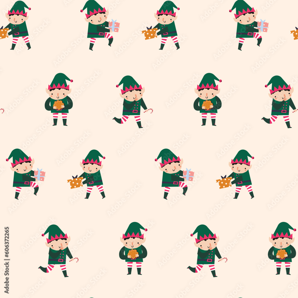 Christmass seamless pattern with Elf and Gifts.