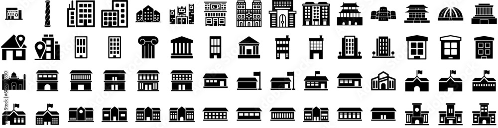 Set Of Building Icons Isolated Silhouette Solid Icon With Business, City, Building, Construction, Office, Architecture, Urban Infographic Simple Vector Illustration Logo