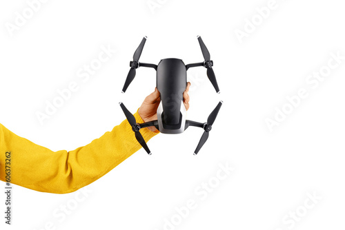 Fotografie, Tablou drone in hand isolated on transparent background, shooting device concept