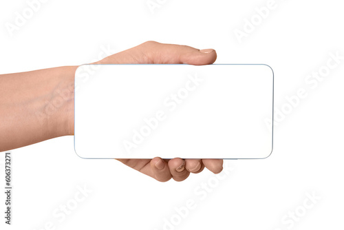 hand holding smartphone with white screen isolated on transparent background