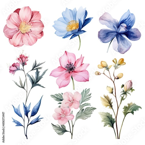 set of watercolor flowers, Generative AI