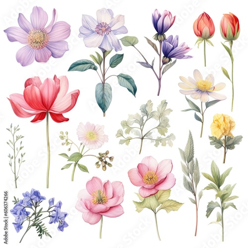 set of watercolor flowers, Generative AI