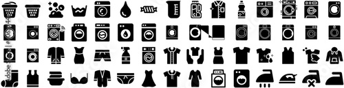 Set Of Laundry Icons Isolated Silhouette Solid Icon With Machine, Clean, Basket, Laundry, Housework, Home, Wash Infographic Simple Vector Illustration Logo