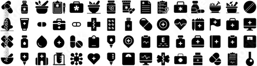 Photographie Set Of Medicine Icons Isolated Silhouette Solid Icon With Prescription, Medical,