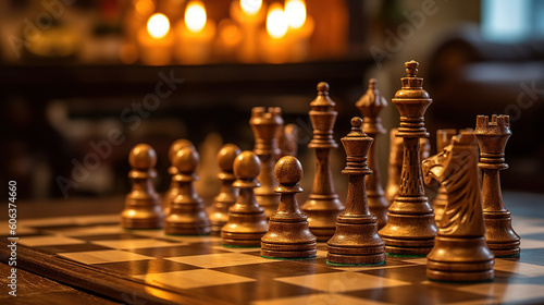 Chess pieces arranged on the chessboard in the living room, board games and hobbies concept. Generative Ai