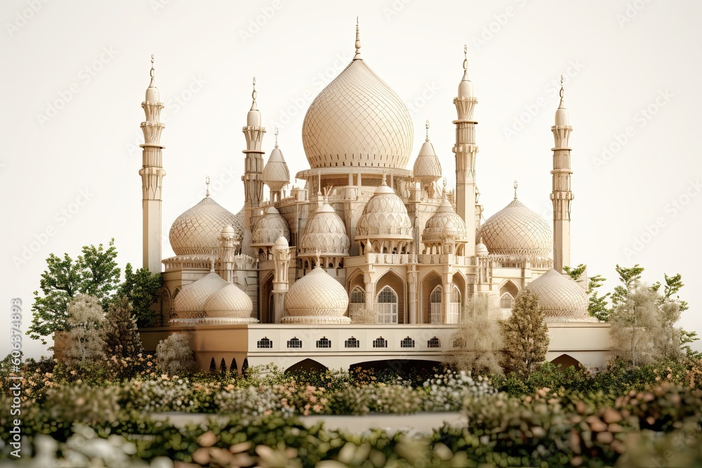 Fototapeta premium 3D illustration of an Islamic mosque with flowers and trees in a style resembling dark beige and white woodcarvings. Generative AI