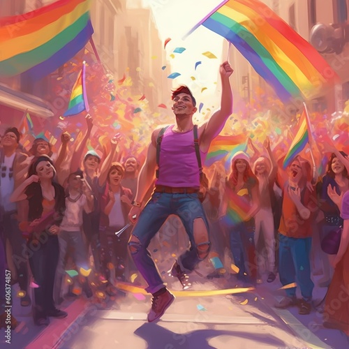 people dancing during the pride month on the street, LGBTQ+ colors, pride month