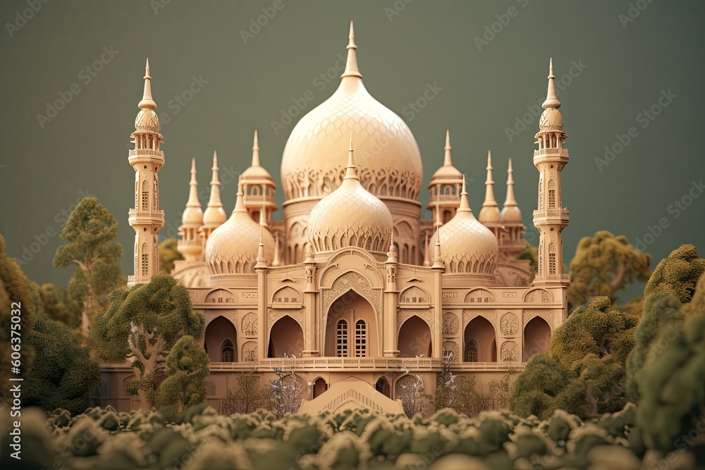 Fototapeta premium 3D illustration of an Islamic mosque with flowers and trees in a style resembling dark beige and white woodcarvings. Generative AI