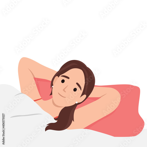 Happy young woman lying in bed sleeping. Smiling girl relax in bedroom dreaming or napping. Relaxation and comfort. Flat vector illustration isolated on white background