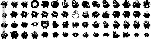 Set Of Piggy Icons Isolated Silhouette Solid Icon With Bank, Banking, Money, Piggy, Economy, Pig, Coin Infographic Simple Vector Illustration Logo