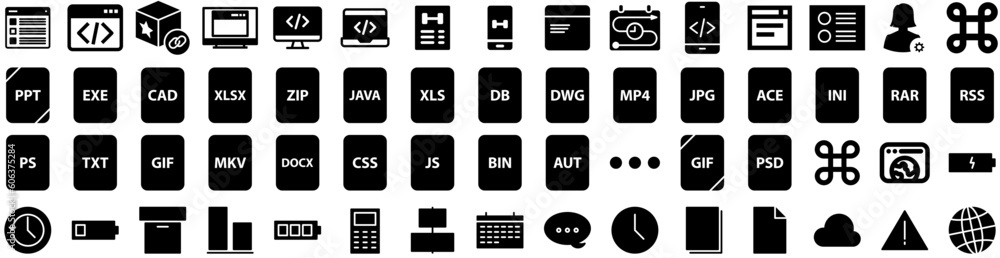 Set Of Program Icons Isolated Silhouette Solid Icon With Computer, Web, Coding, Technology, Software, Program, Code Infographic Simple Vector Illustration Logo