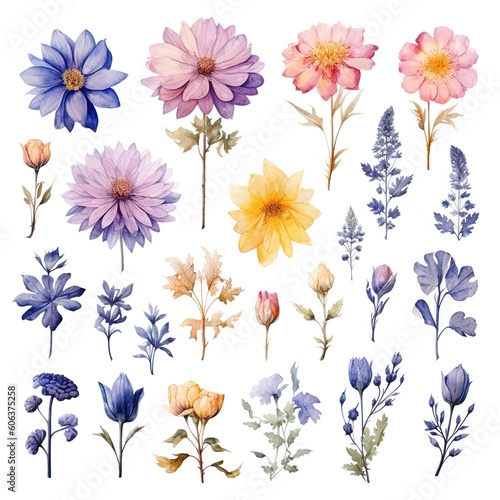 set of watercolor flowers  Generative AI