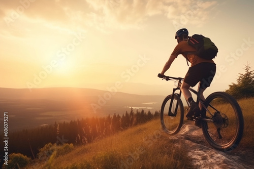 Male mountain biker riding downhill enjoying on ride and living adventure in the mountain,