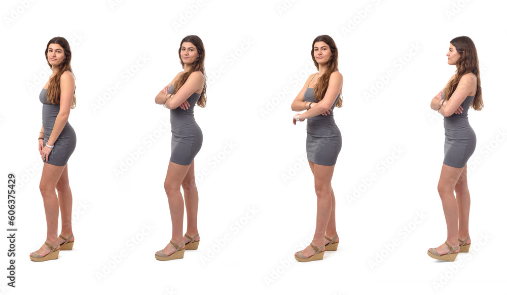 Obraz premium various poses of side view of a group of same young girl standing on white background