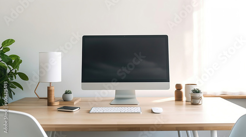 Blank screen desktop computer in minimal office room with decorations and copy space. Generative Ai © maniacvector