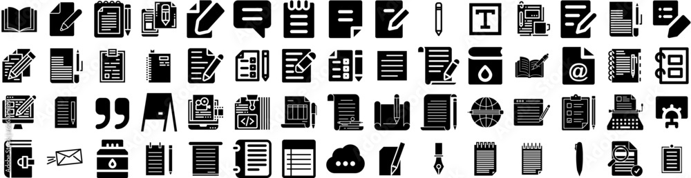 Set Of Writing Icons Isolated Silhouette Solid Icon With Office, Paper, Education, Business, Writer, Pen, Write Infographic Simple Vector Illustration Logo Set Of Writing Icons Isolated Silhouette Solid Icon With Office, Paper, Education, Business, Writer, Pen, Write Infographic Simple Vector Illustration Logo