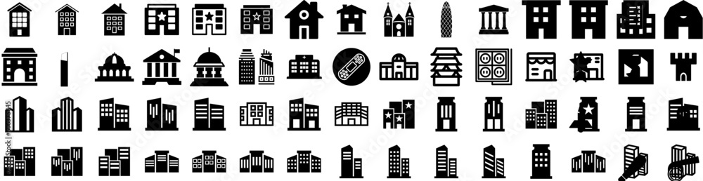 Set Of Building Icons Isolated Silhouette Solid Icon With Architecture, Construction, Urban, City, Office, Business, Building Infographic Simple Vector Illustration Logo