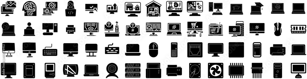 Set Of Computer Icons Isolated Silhouette Solid Icon With Computer, Technology, Screen, Display, Business, Modern, Laptop Infographic Simple Vector Illustration Logo