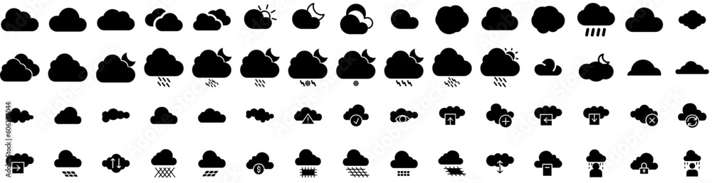 Set Of Cloudy Icons Isolated Silhouette Solid Icon With Sky, Nature, Blue, Weather, Cloud, Background, Cloudy Infographic Simple Vector Illustration Logo Set Of Cloudy Icons Isolated Silhouette Solid Icon With Sky, Nature, Blue, Weather, Cloud, Background, Cloudy Infographic Simple Vector Illustration Logo