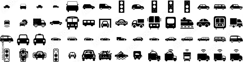 Fototapeta premium Set Of Driving Icons Isolated Silhouette Solid Icon With Road, Transport, Auto, Transportation, Drive, Vehicle, Car Infographic Simple Vector Illustration Logo