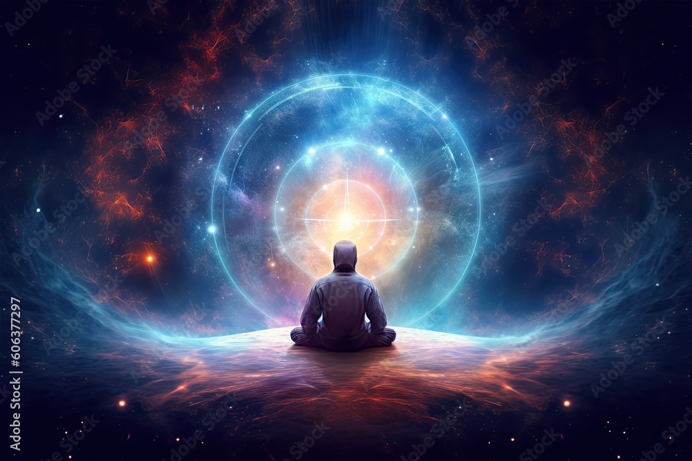 Meditating in the universe, representing the tranquility and serenity of the human being. Generative AI Meditating in the universe, representing the tranquility and serenity of the human being. Generative AI