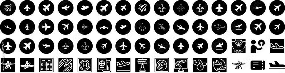 Set Of Flight Icons Isolated Silhouette Solid Icon With Trip, Tourism, Plane, Business, Airplane, Flight, Travel Infographic Simple Vector Illustration Logo