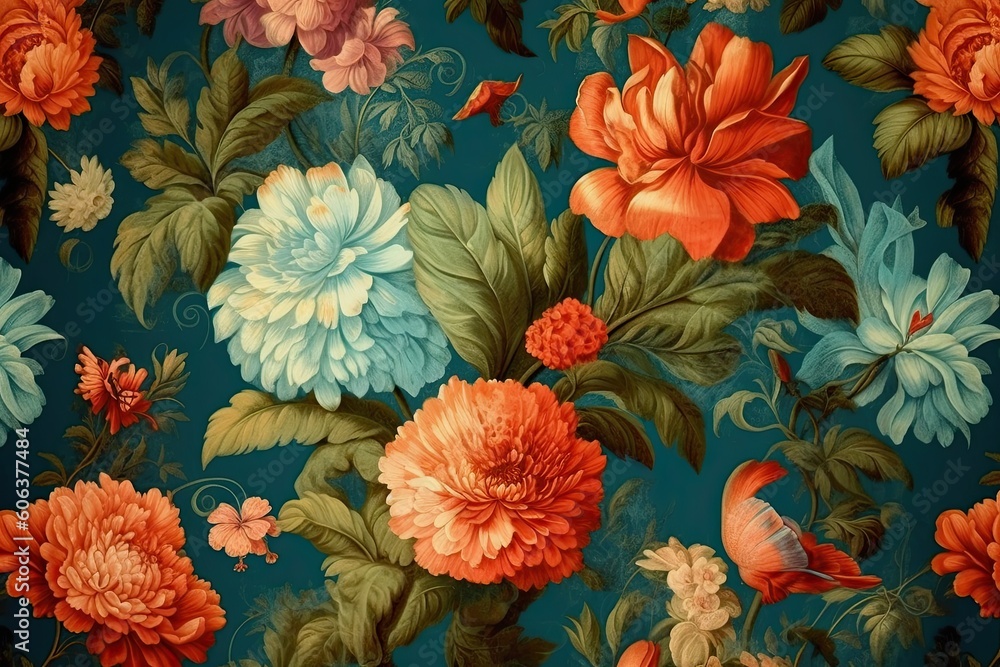 Background of floral fabric on a black backdrop in the style of neoclassicism, beautiful and elegant flowers. Generative AI
